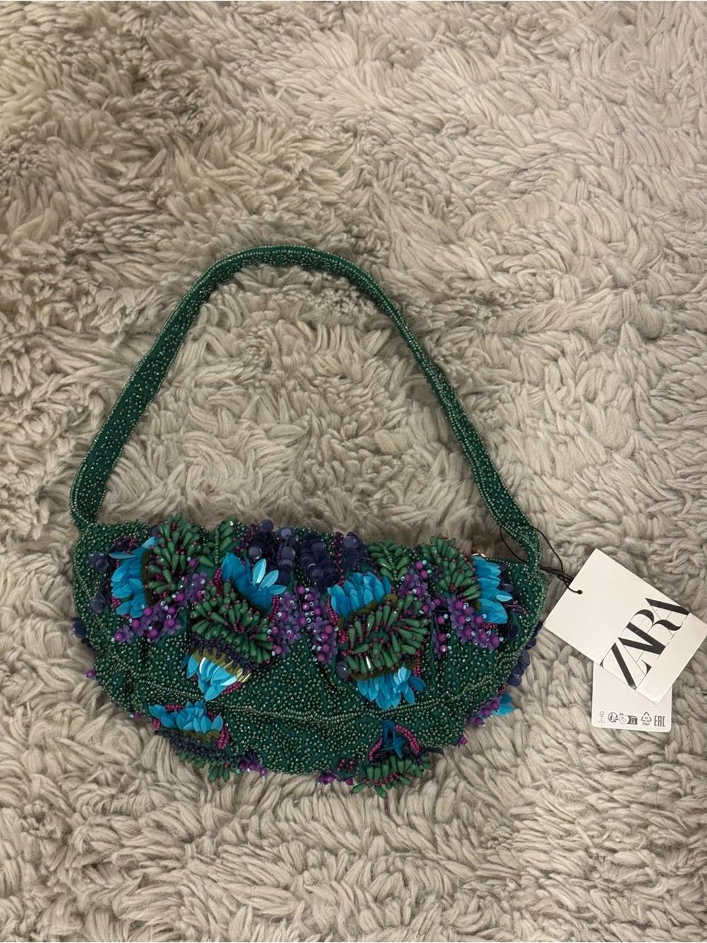 Zara Green Beaded Clutch with Blue & Purple Floral Accents